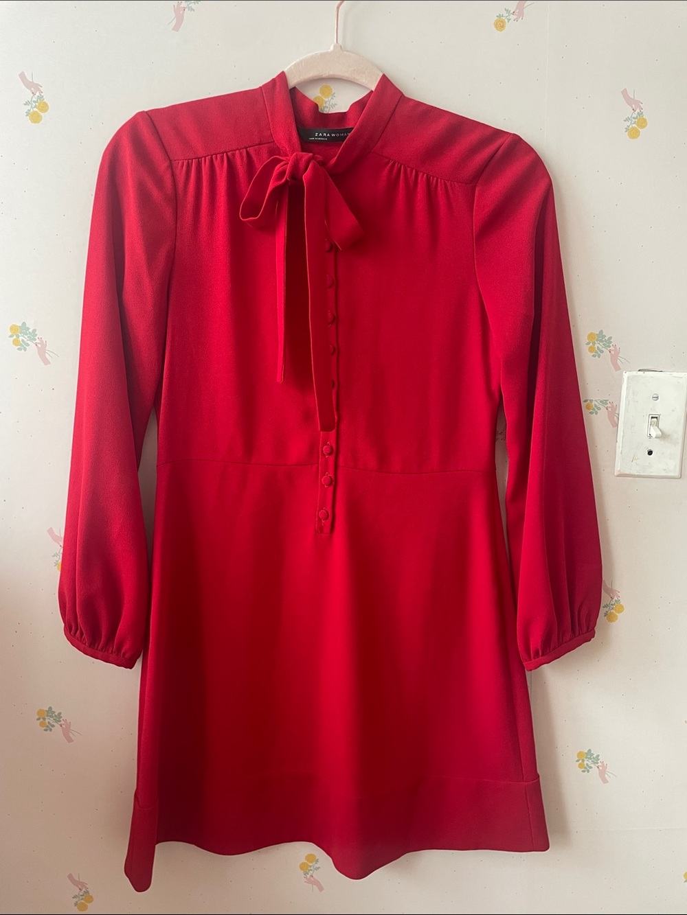 Zara Red Tie-Neck Long Sleeve Mini Dress - Picture 1 of 2